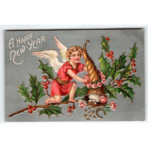 New Year Postcard Cherub Angel On Holly Spills Coins Langsdorf Germany Embossed - Picture 1 of 2